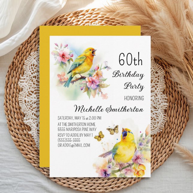 Convites Pássaros Canários Flores Aniversário de 60 anos Vi (Yellow canary women's 60th birthday party invitation)