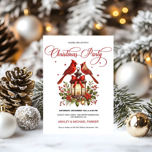 Convites Pássaros Cardinal em Lanterna de Natal em Aquarela (Criador carregado)