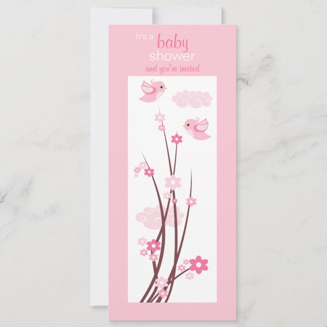 Convites Pássaros cor-de-rosa Chá de fraldas de flores de p (Frente)
