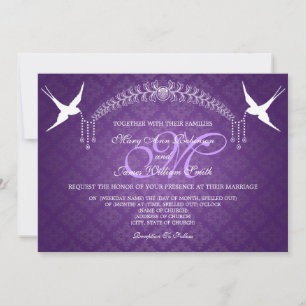 Convites Pássaros de Casamento Elegante Monograma Roxo