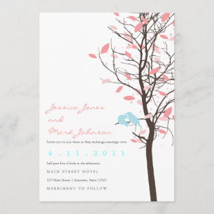 Convites Pássaros do Amor em Árvore - Rosa e Azul