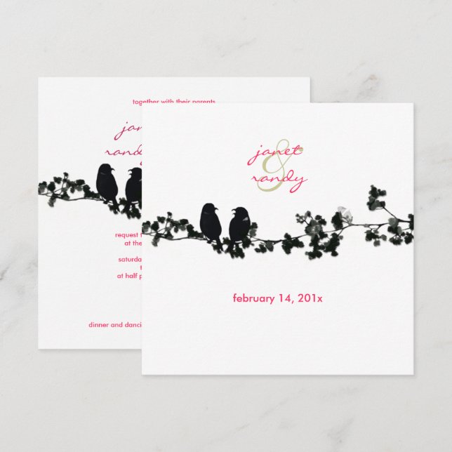 Convites Pássaros do amor preto e branco (Frente/Verso)