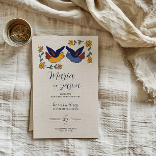 Convites Pássaros Mexicanos Floral Azul Amarelo Casamento E