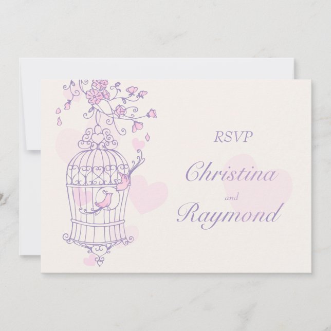 Convites Pássaros roxos e rosa abrem o RSVP de casamento da (Frente)