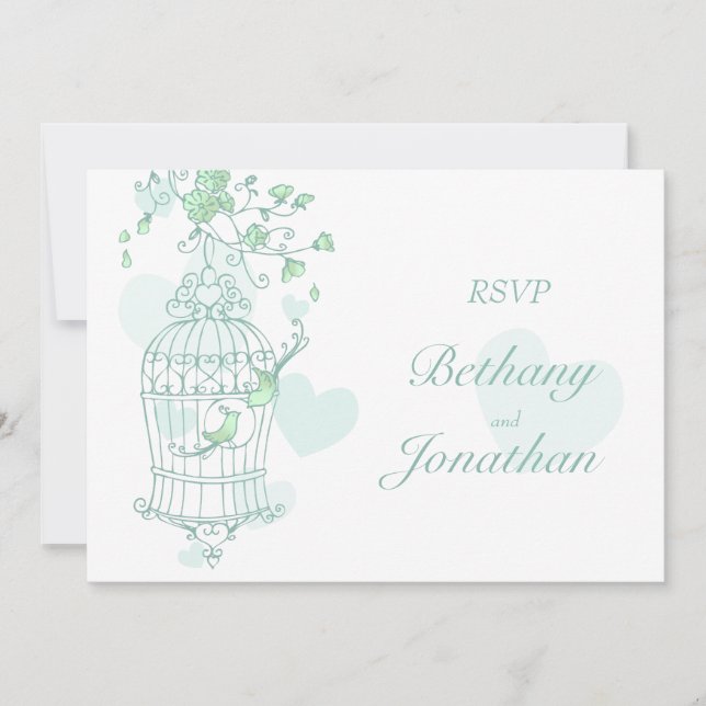 Convites Pássaros verdes menta abrem o RSVP do casamento da (Frente)