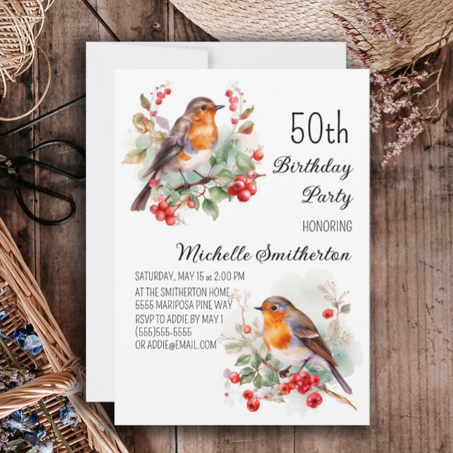 Convites Pássaros Vintage Robin Redbreast 50º Aniversário (Robin redbreast 50th birthday party invitation)