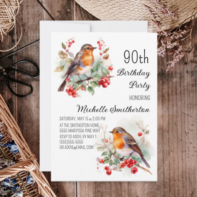 Convites Pássaros Vintage Robin Redbreast 90º Aniversário (Criador carregado)