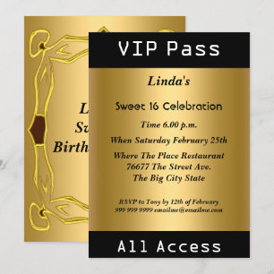 Convites Passe VIP Aniversário Sweet 16 Dourado