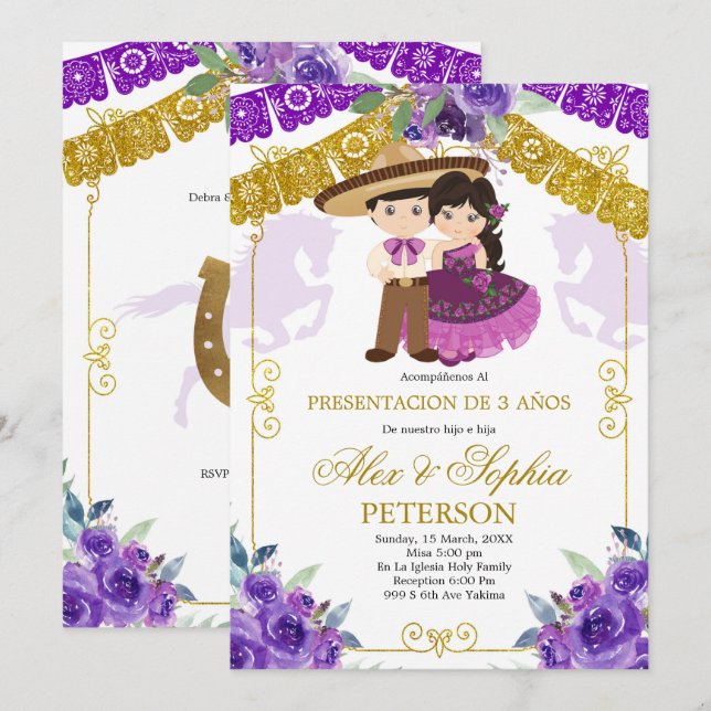 Convites Passo Roxo Mexicano e Dourado Twin Tres Anos Convi (Frente/Verso)