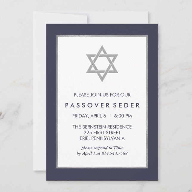 Convites Passover azul e de prata Seder com estrela de (Frente)