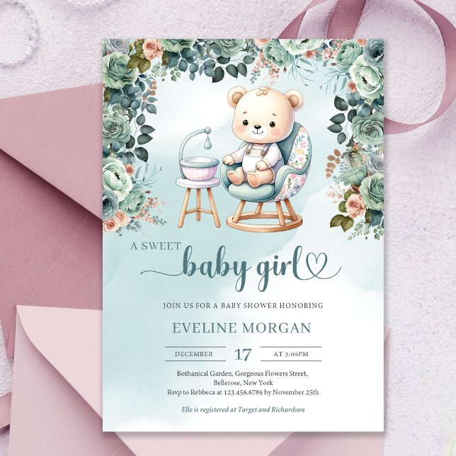 Convites Pasta de aquarela colorida bebê pelado (Watercolor cute teddy bear pastel colors girl baby shower invitation)
