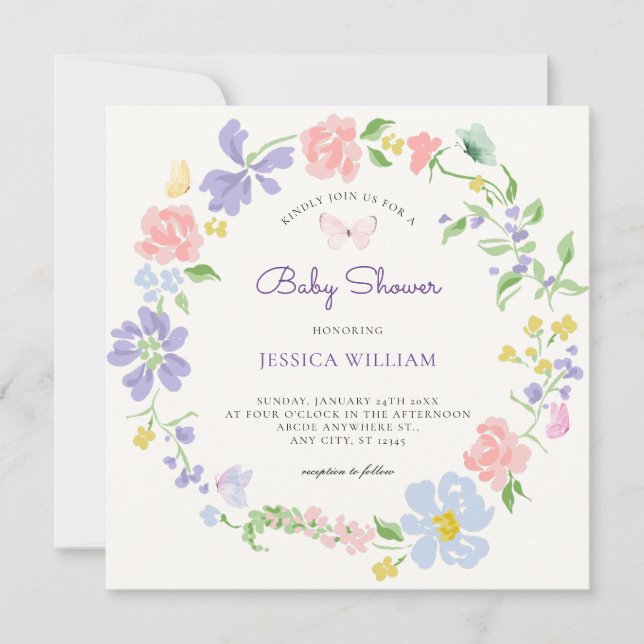 Convites Pasta de flores com chá de fraldas borboleta (Frente)