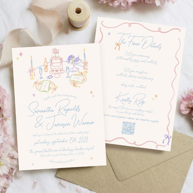 Convites Pasta Escrivável Desenhada À Mão E Casamento Azul (Retro hand drawn pastel scribble doodle whimsical wedding table bows handwritten qr code invitation)