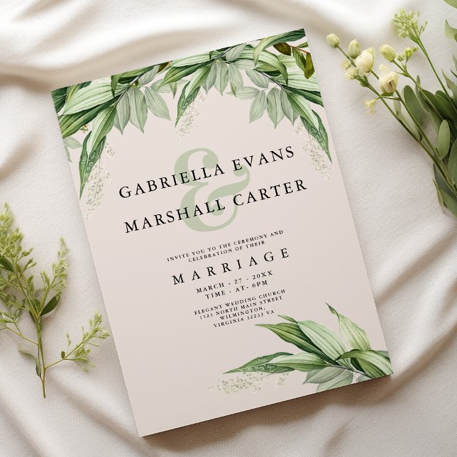 Convites Pasta verde-marfim floral ampersand floral (Chic ivory green foliage floral ampersand wedding)