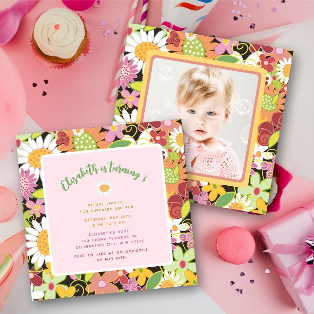 Convites Pastéis Flores da Primavera Foto Aniversário de Me (Pink Pastels Spring Flowers Garden Sweet & Chic Girl's Birthday Party Photo Invitation @ fat_fa_tin)