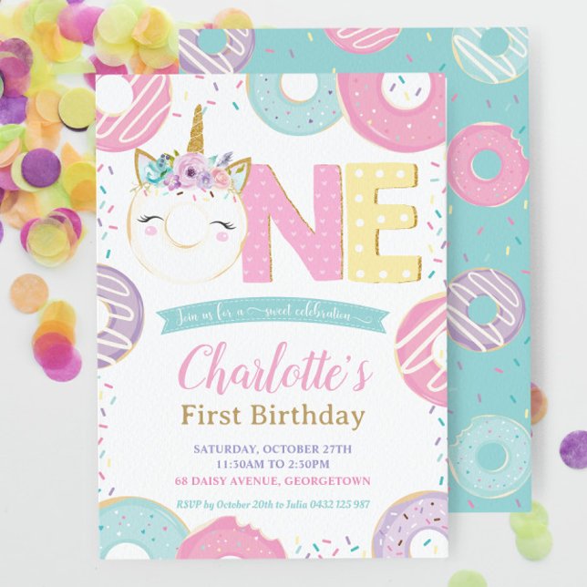 Convites Pastel 1st Birthday Cute Unicorn Donuts Doughnuts (Criador carregado)