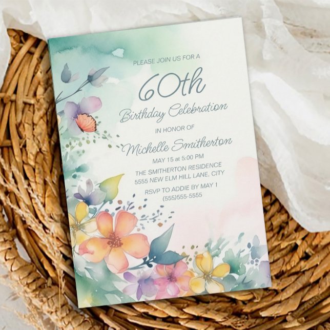 Convites Pastel Amarelo-Teal Flores 60º Aniversário (Teal, pink, yellow floral 60th birthday party invitation)