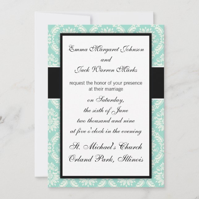 Convites pastel aqua e creme fleur elegante damask (Frente)