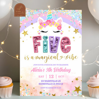 Convites Pastel Arco-Íris Unicórnio Mágico 5º Aniversário
