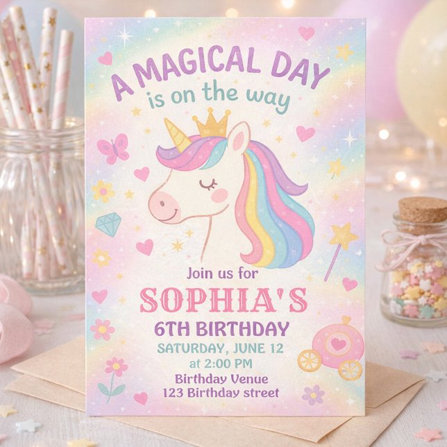 Convites Pastel Arco-íris Unicórnio Magico Aniversário (Unicorn Party Invitation for Girl with Pastel Stars Hearts and Crown)