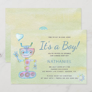 Convites Pastel azul adorável robô é um menino baby shower