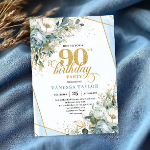 Convites Pastel azul dourado brilho floral 90º aniversário