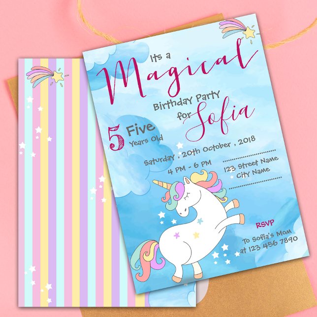 Convites Pastel azul, magro, Unicórnio mágico, pensava que  (Magical Unicorn Themed Birthday Invitation)