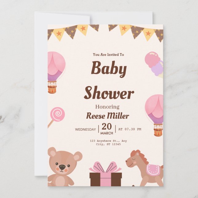 Convites Pastel Baby Shower Invite – Balloons, Bear & Candy (Frente)