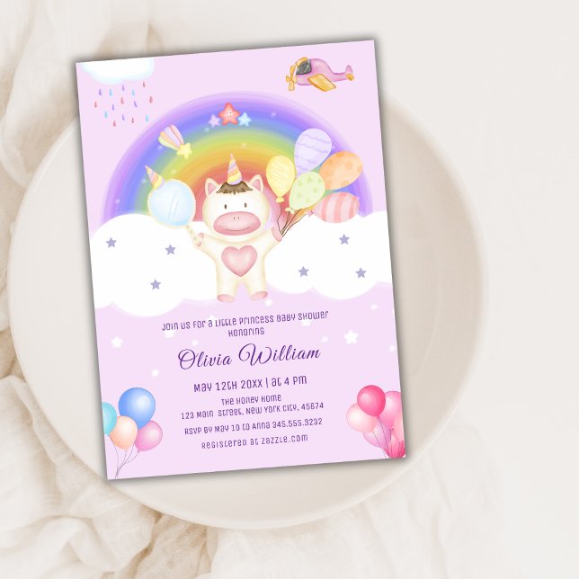 Convites Pastel Balloon Chá de fraldas Arco-Íris Unicórnio (Pastel Balloon Unicorn Rainbow Baby Shower Invitation)