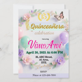 Convites Pastel Balloons and Butterfly Quinceañera birthday