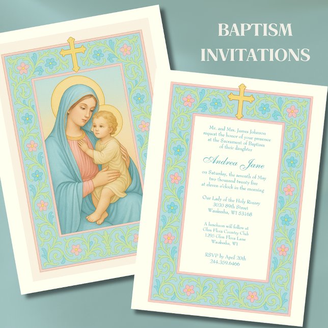 Convites Pastel Baptism Mary e Jesus Floral (Criador carregado)