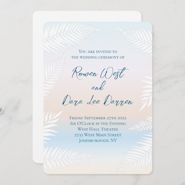 Convites Pastel Beach Sunset Tropical Palm Leaf Wedding (Frente/Verso)