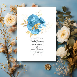 Convites Pastel Blue e Dourado Casamento Floral