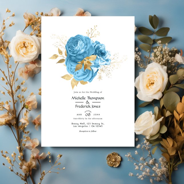 Convites Pastel Blue e Dourado Casamento Floral (Criador carregado)