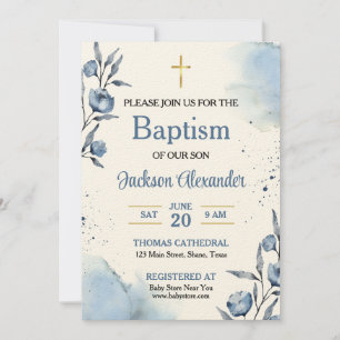 Convites Pastel Blue Floral Baby Boy Baptism