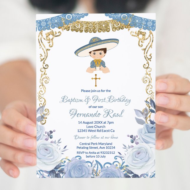 Convites Pastel Blue Flowers Fiesta Baptism e Birthday (Criador carregado)