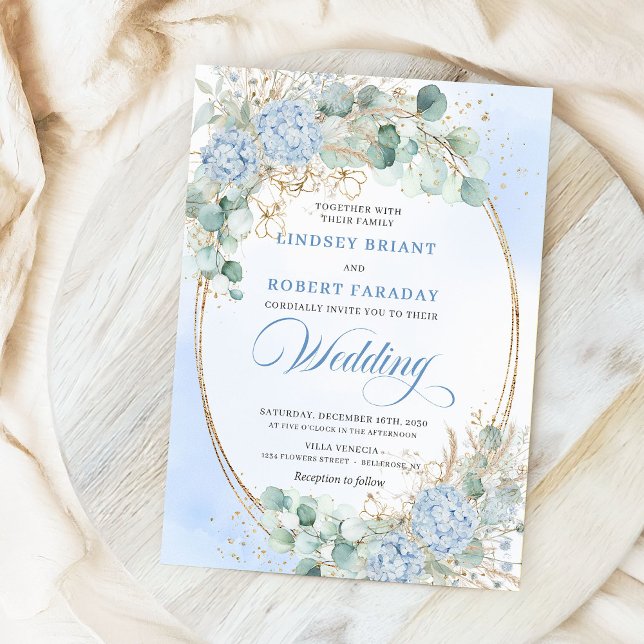 Convites Pastel Blue Hydrangea Wheat Elegant Wedding Invite (Pastel Blue Hydrangea Wheat Elegant Wedding Invitation)