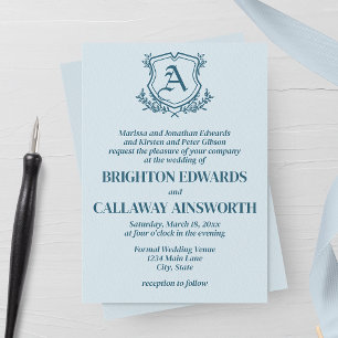 Convites Pastel Blue Leaf e Floral Monogramas Casamento