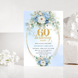 Convites Pastel Blue Peonies Gold 60th Birthday Invitation