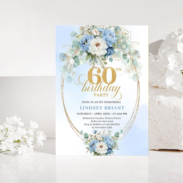 Convites Pastel Blue Peonies Gold 60th Birthday Invitation (Pastel Blue Peonies Gold 60th Birthday Invitation)