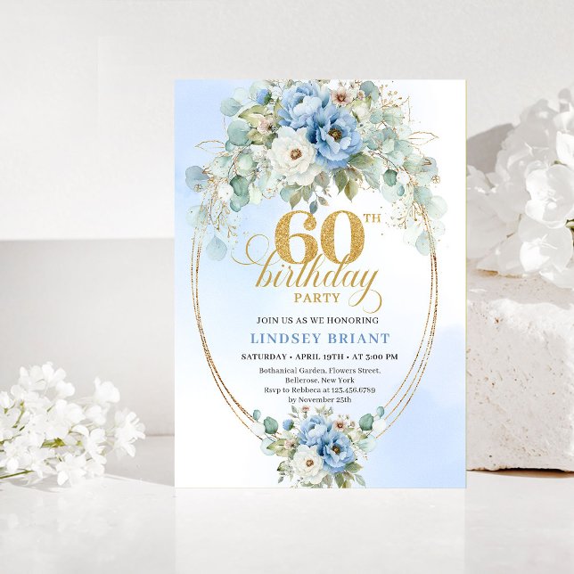 Convites Pastel Blue Peony Gold 60th Birthday Invitation (Pastel Blue Peony 60th Birthday Invitation)