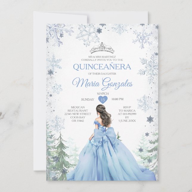 Convites Pastel Blue Princess Winter Forest Quinceañera (Frente)