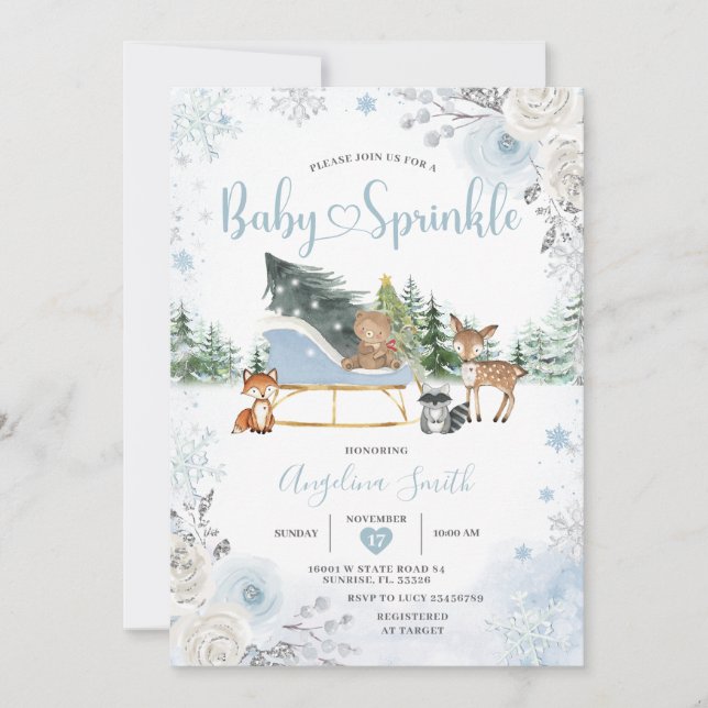 Convites Pastel Blue Sleigh Winter Animals Baby Sprinkle (Frente)