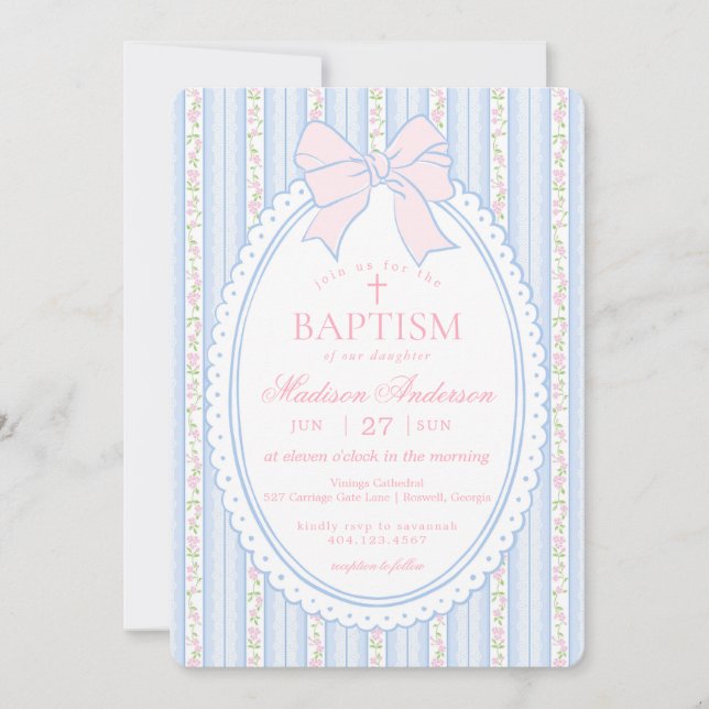 Convites Pastel Blue Vintage Fancy Floral Baptism (Frente)