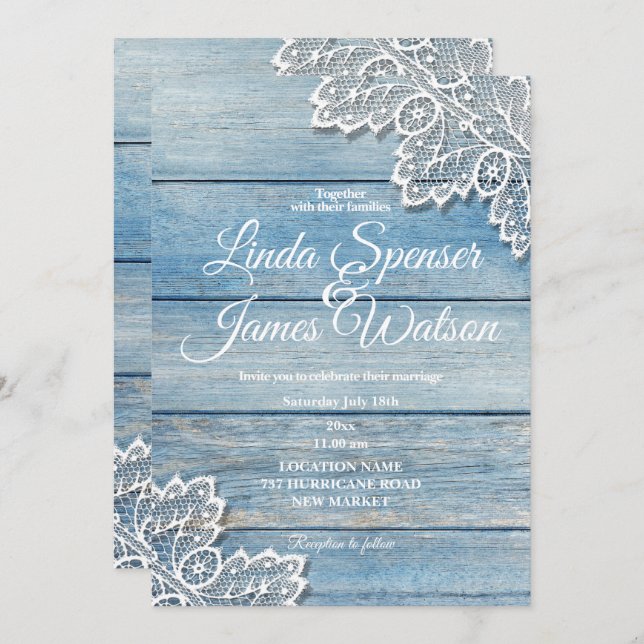 Convites Pastel Blue Wood e White Lace Weds (Frente/Verso)