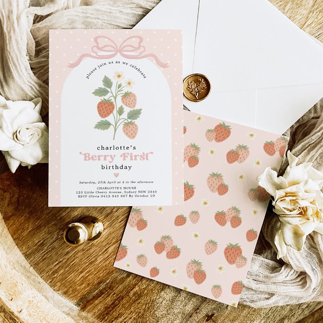 Convites Pastel Blush Berry First Strawberry Birthday (Criador carregado)