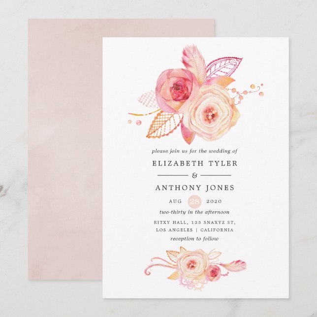 Convites Pastel Blush Floral e Casamento de rendas (Frente/Verso)