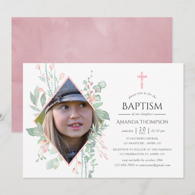 Convites Pastel Blush Greenerm Baptism ou Christening (Frente/Verso)