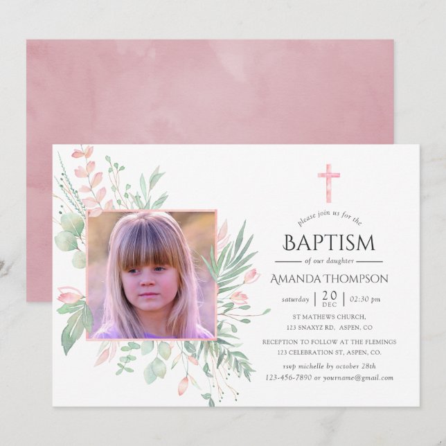Convites Pastel Blush Greenerm Baptism ou Christening (Frente/Verso)