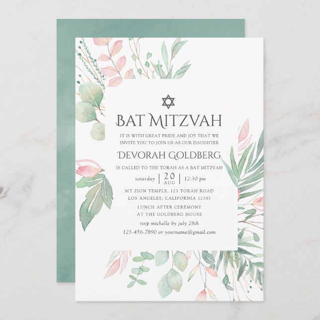 Convites Pastel Blush Greenery Bat Mitzvah (Frente/Verso)